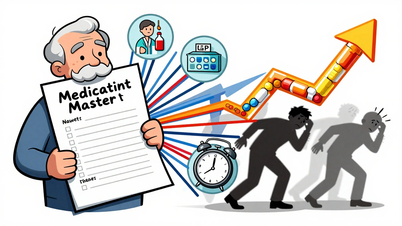 Senior holding a medication list with connected icons of care tools, symbolizing organized health management.