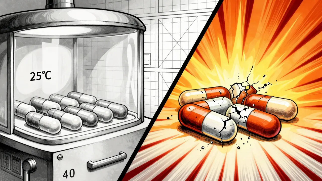 Side-by-side capsules: one pristine, one degraded, with warning lines and ICH grids in bold abstract design.