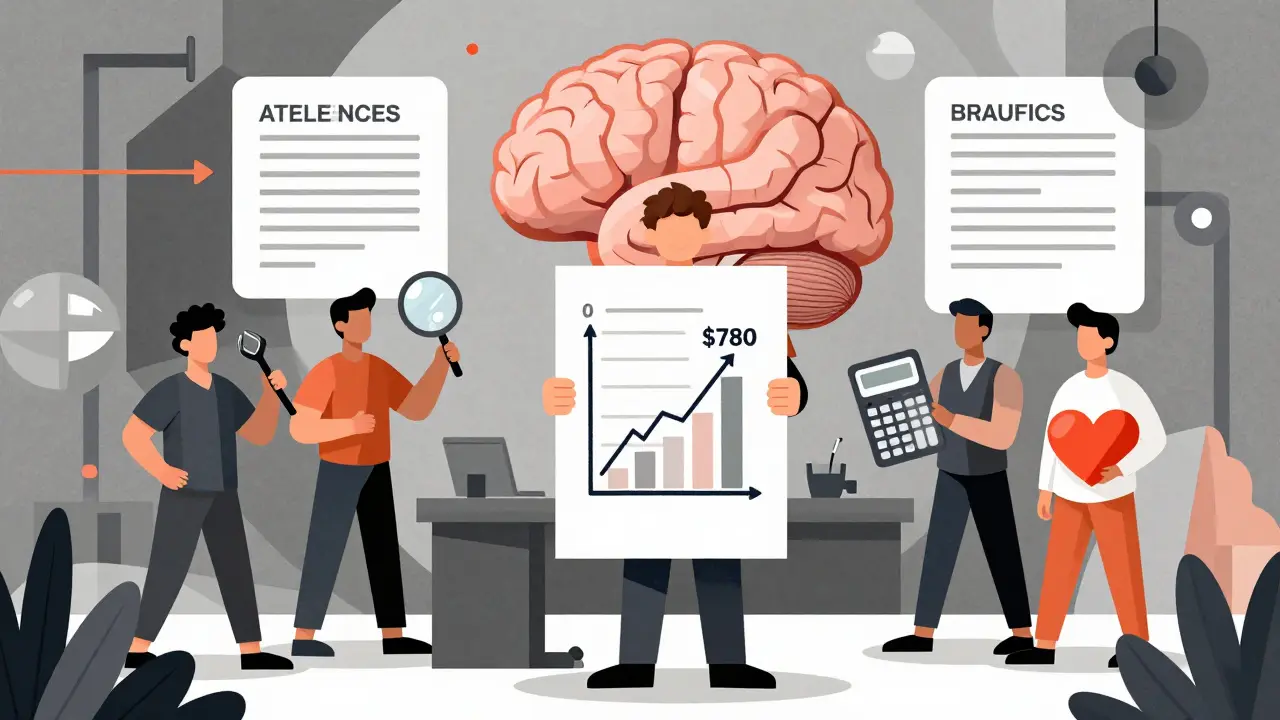 Small business owner shows personalized wellness savings with tools and AI projections.