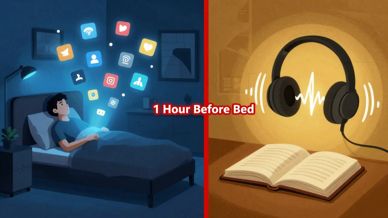 Split bedroom scene: left with blue screens and digital chaos, right with book and calm light.