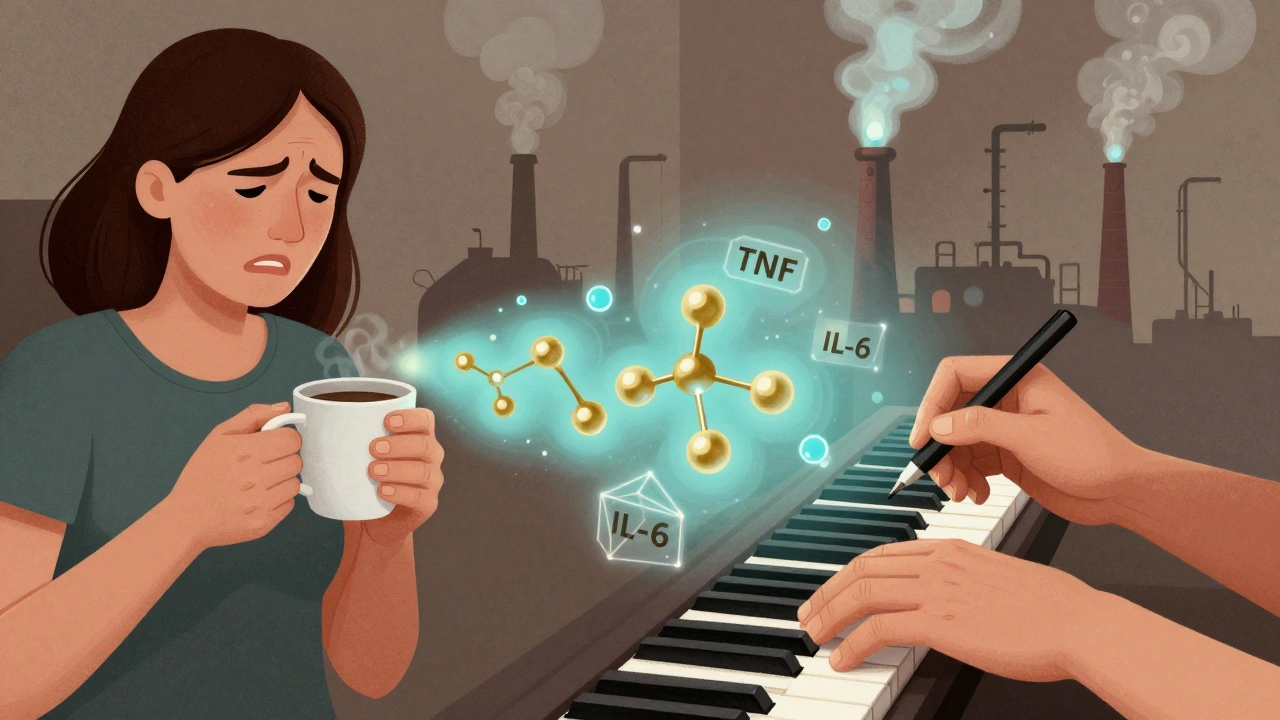 Split illustration of painful hands versus restored hands playing piano, connected by molecular pathways in Constructivist design.