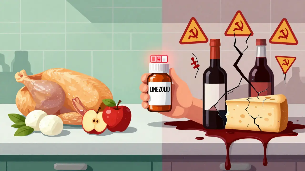 Split kitchen counter: safe fresh foods on left, dangerous aged items oozing red on right, with a linezolid pill and 14-day timer in center.