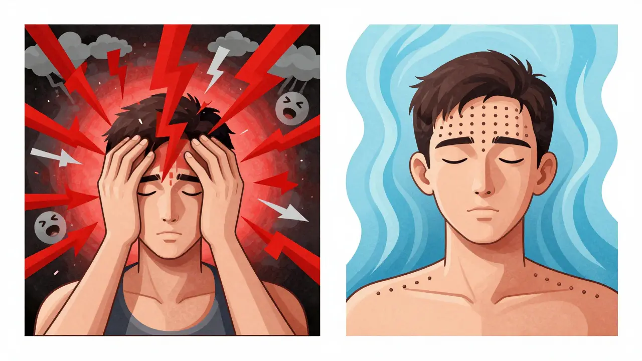 Split scene of migraine chaos versus calm, with Botox injection grid in Constructivist style