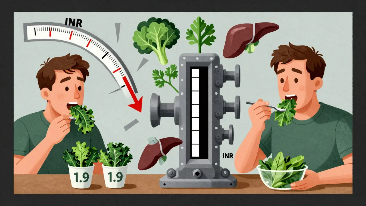 Split scene: one side shows dangerous kale overconsumption, other shows consistent spinach intake with steady INR line.
