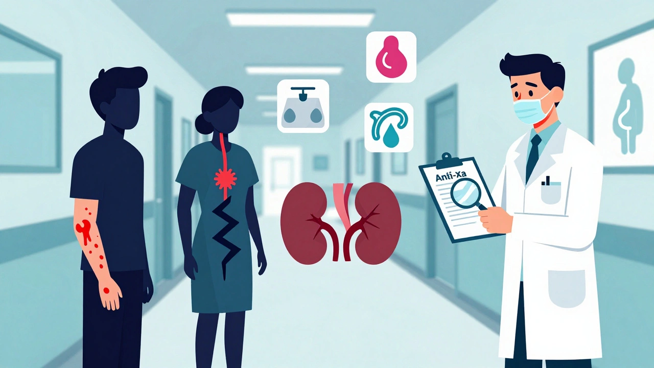Three patients with medical symbols show bleeding, clotting, and kidney failure, watched by a pharmacist with an Anti-Xa result.