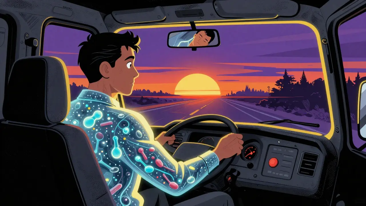 Truck driver at wheel with modafinil molecules in his bloodstream, sunrise bleeding into road.