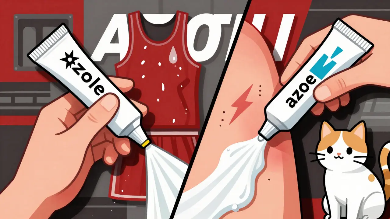 Two antifungal creams flowing in angular streams onto skin rashes, with sweaty clothes and a pet cat in the background.