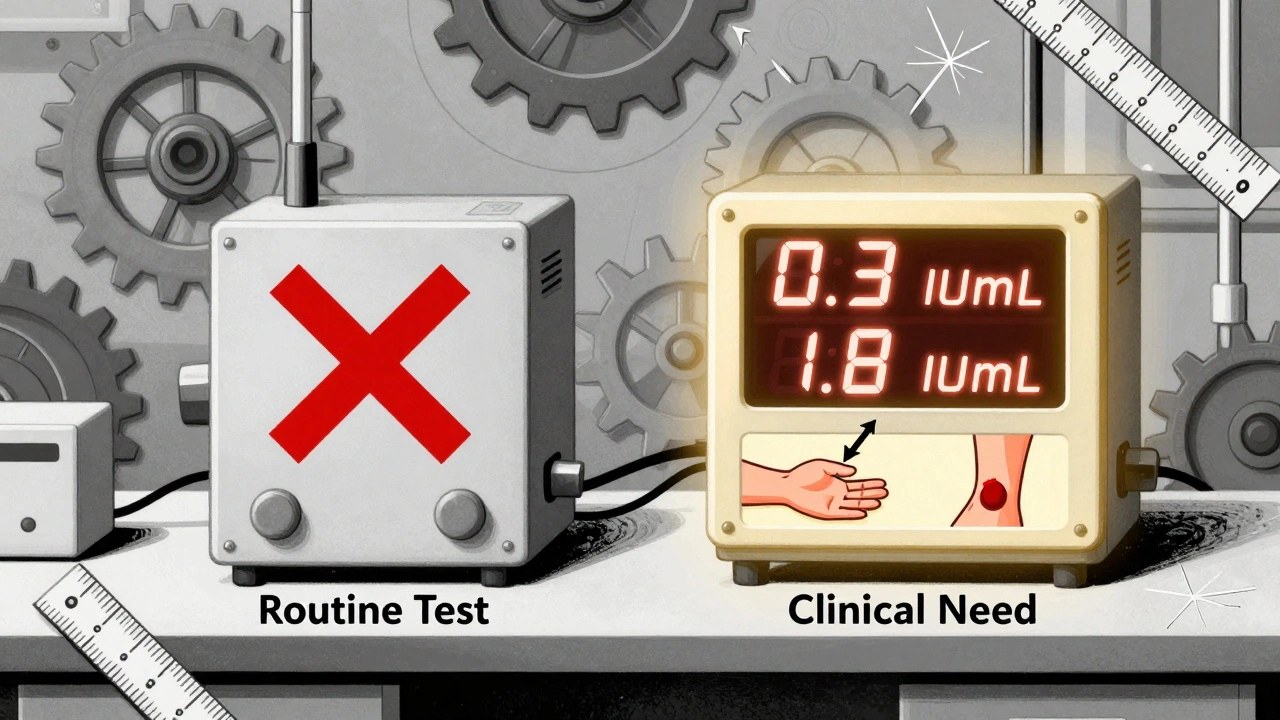 Two lab machines contrast routine vs. clinical testing, with blood and clot icons beside extreme Anti-Xa readings.