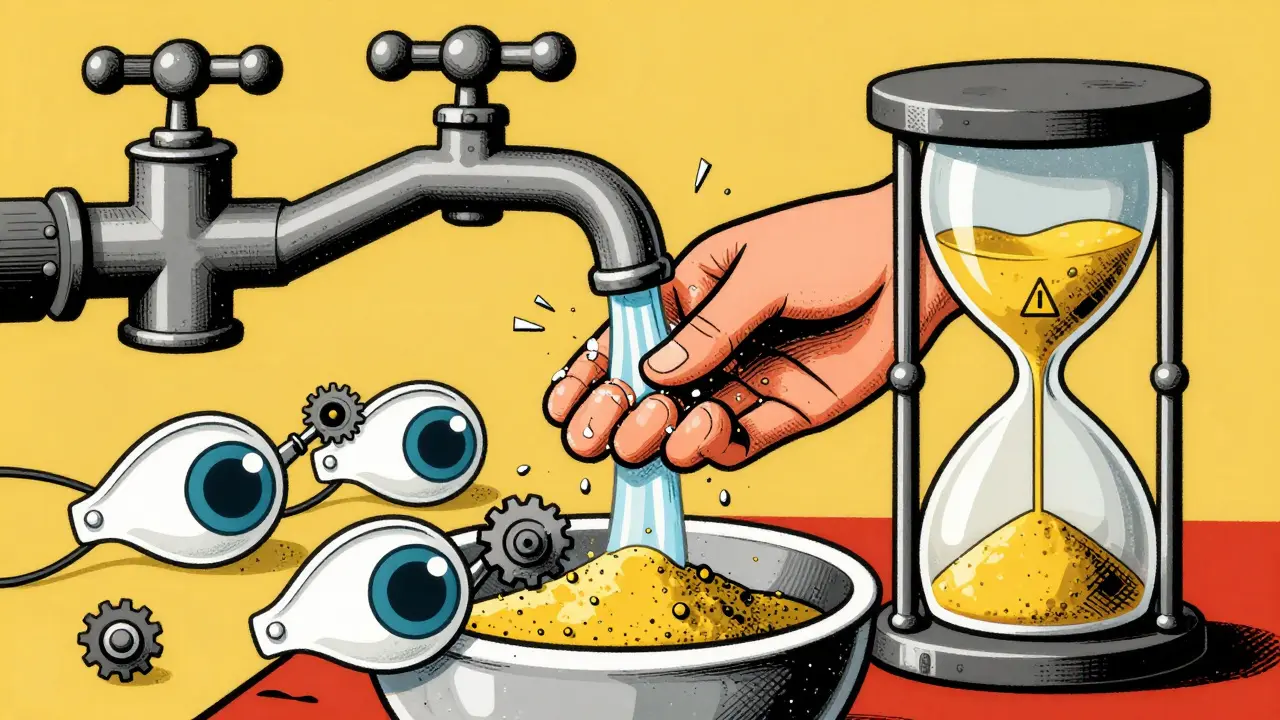 A hand washing under a symbolic faucet while gears clean contact lenses, with an hourglass draining into a cornea-shaped basin.