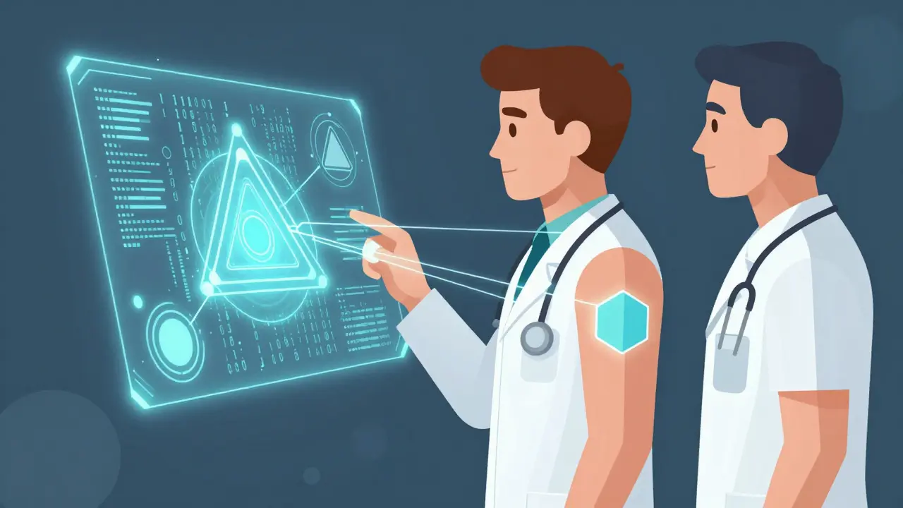 A hexagonal wearable patch connecting to an abstract AI interface, showing human-machine collaboration in melanoma detection.