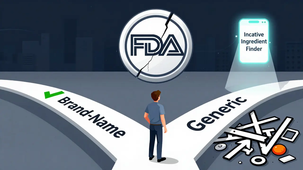 A patient choosing between brand and generic medication paths, with allergen symbols blocking the generic route.
