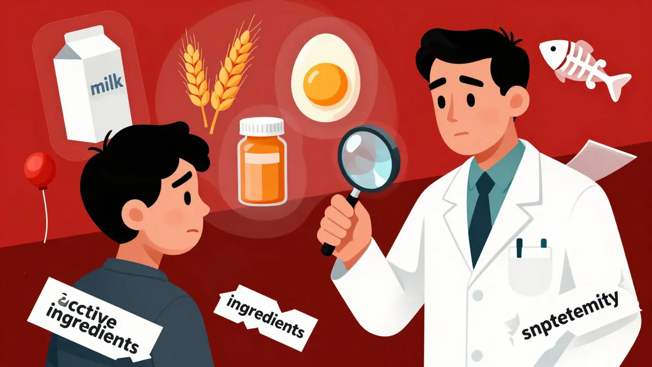 A pharmacist examining a pill bottle while allergen icons float above, surrounded by crumbling labels.