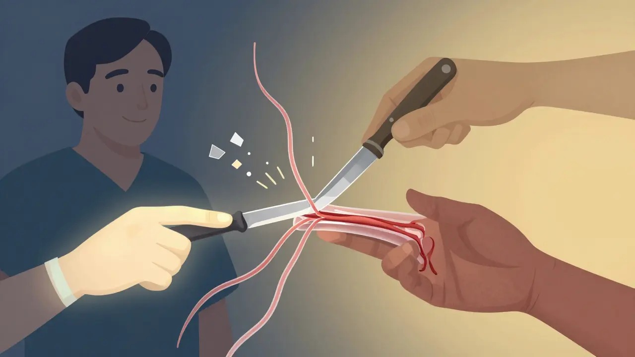 Abstract surgical procedure with a knife cutting a ligament guided by ultrasound waves, hand transitioning from weak to strong.