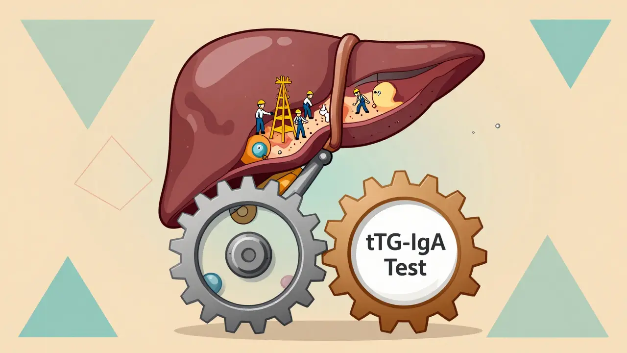 Broken medical chart gear fixing itself as liver tissue rebuilds, illustrated with geometric Constructivist shapes.