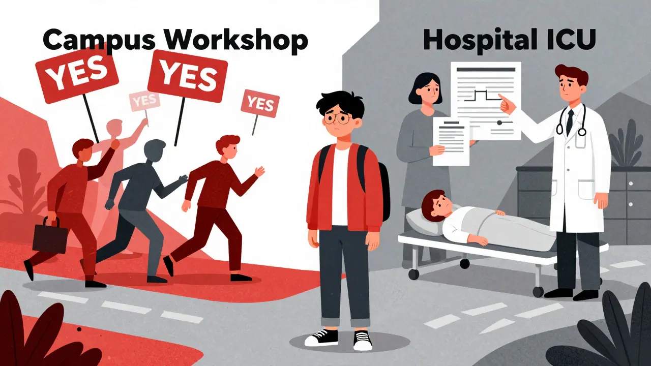 Confused student at a crossroads between campus consent workshops and hospital decision-making.