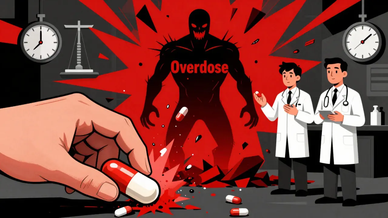 Crushed extended-release pill exploding into overdose monster, with medical professionals watching calmly