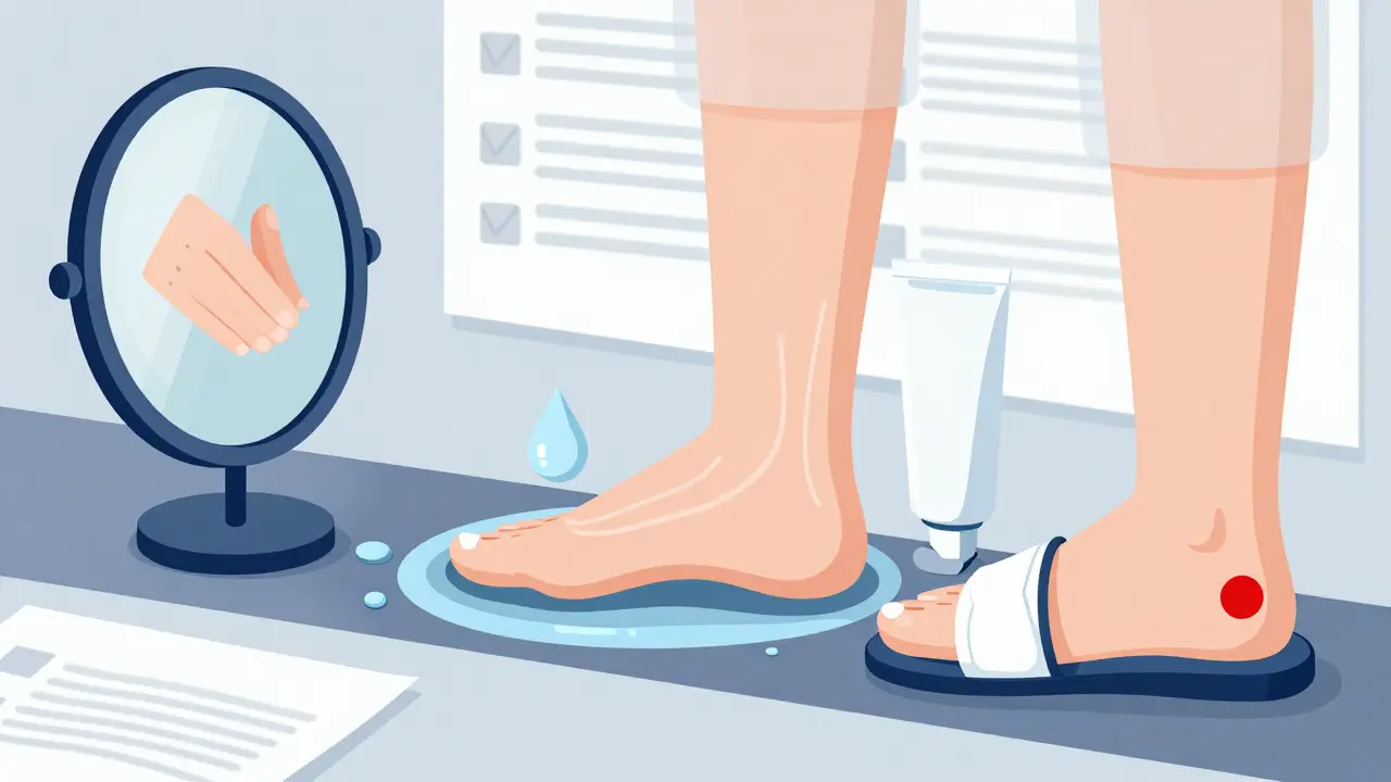 Daily foot care routine shown as a stylized assembly line with protective elements