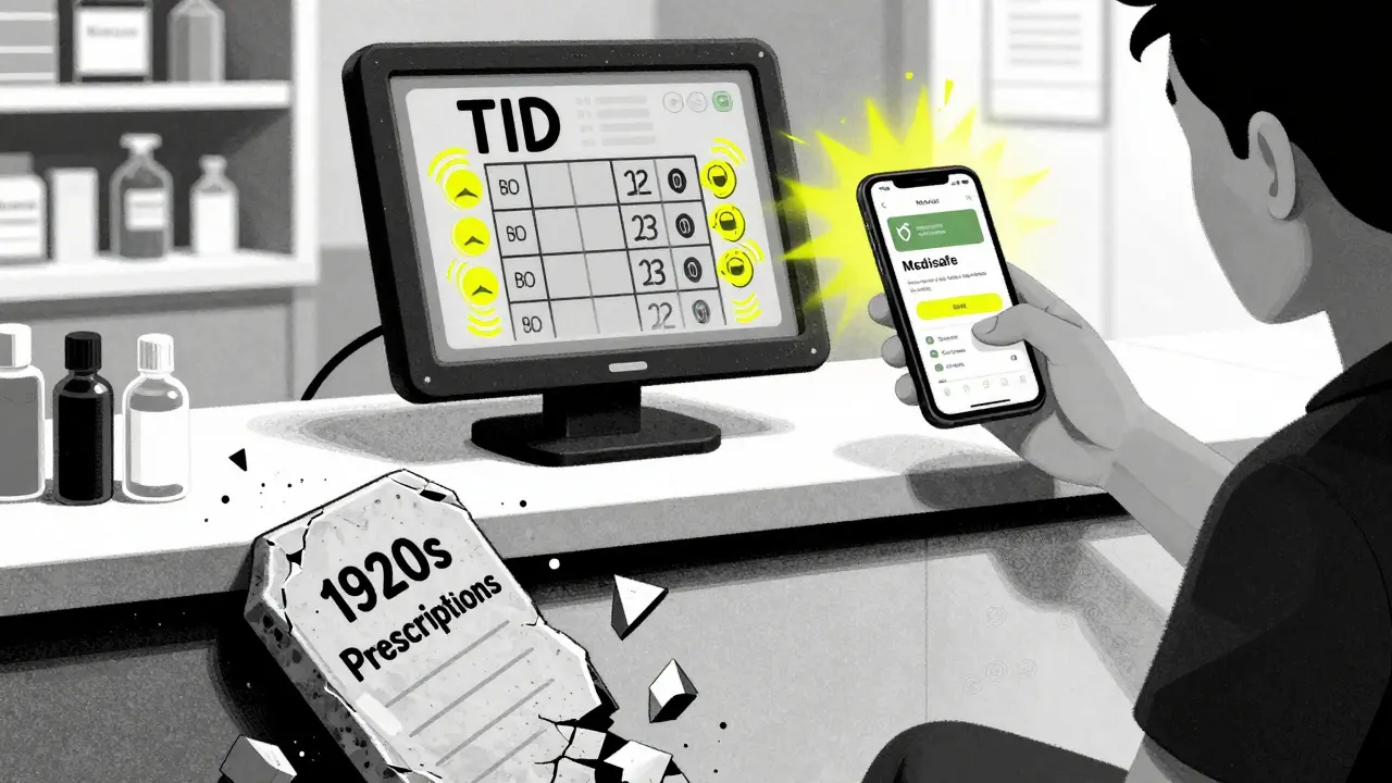 Digital pharmacy screen converting 'TID' to timed alerts, patient holding phone, crumbling old prescription tablet below.