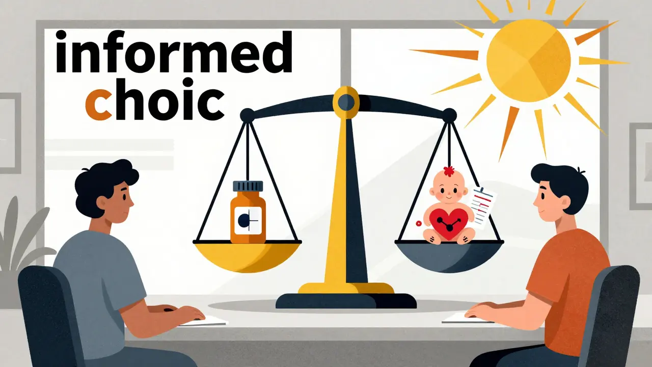 Doctor and patient balancing medication benefits against fetal risks on a Constructivist-style scale.
