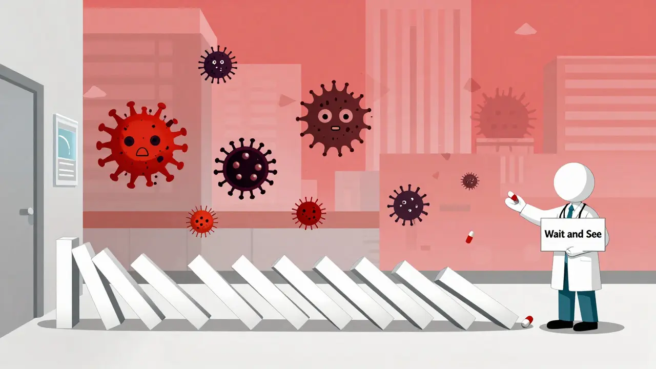 Doctors handing out antibiotic pills that trigger exploding superbugs in a hospital hallway.