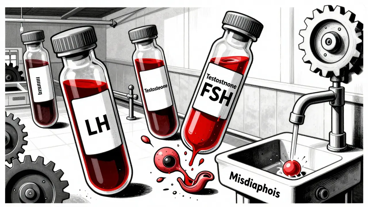 Floating blood vials in a mechanical lab setting, one shattering to release a follicle, symbolizing hormonal imbalance.