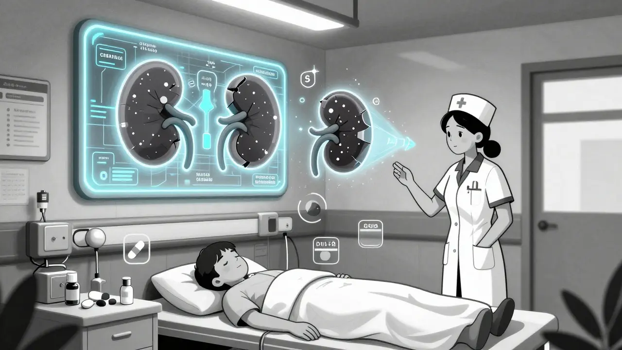 Floating kidney icons drifting toward an AI monitoring system in a hospital corridor at night.