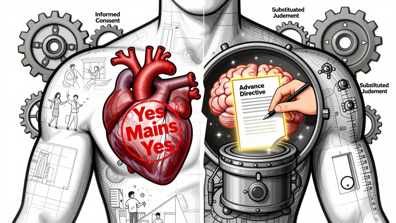 Fragmented human torso revealing two systems of consent: sexual and medical, shown as mechanical blueprints.
