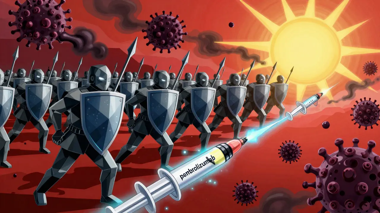 Immune cells attacking melanoma in a geometric battlefield, with immunotherapy drugs firing energy pulses toward remission.