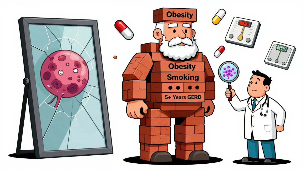 Man made of risk factors beside mirror reflecting tumor, with medical icons floating around