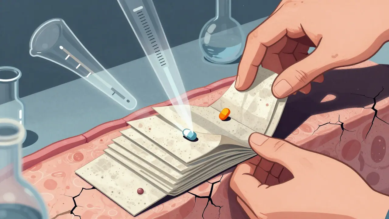 Mechanical tape-stripping process peeling skin layers to measure topical drug absorption, with inconsistent particle data.