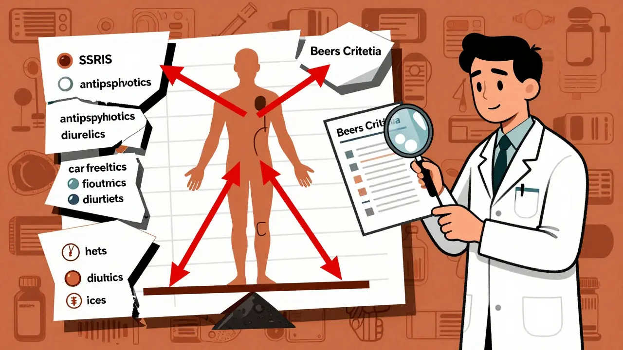 Medical chart fragments with red arrows piercing balance points of a human figure, pharmacist reviewing Beers Criteria.