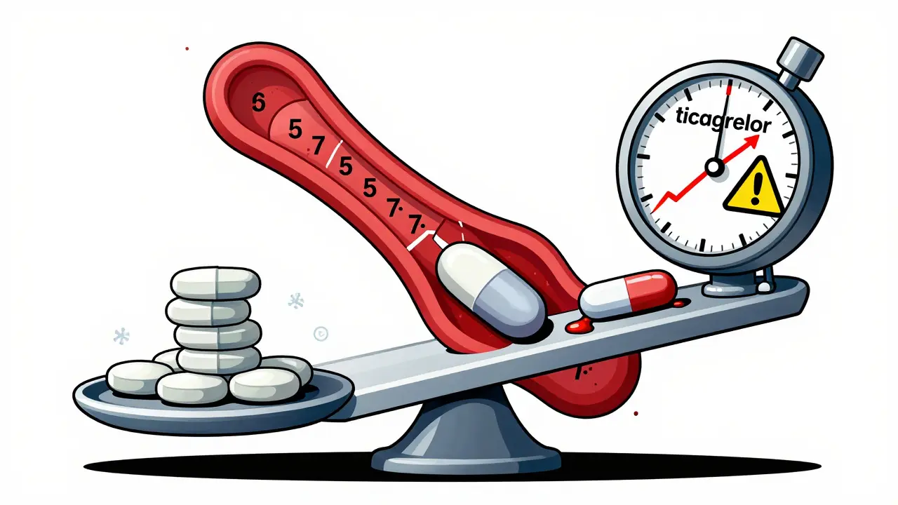 Medical scale balancing cheap clopidogrel against ticagrelor with stent and surgery timer.