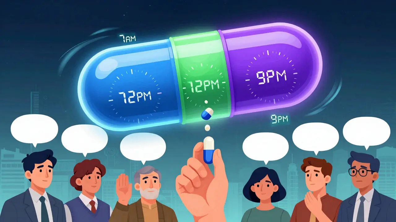 Multi-layered polypill releasing drugs at timed intervals above people living calmly with steady medication