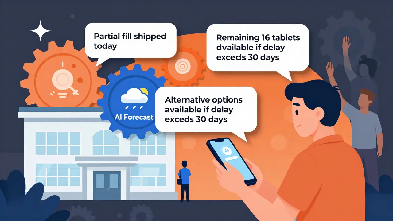 Patient's phone showing automated alerts about partial fill, upcoming shipment, and alternative options.