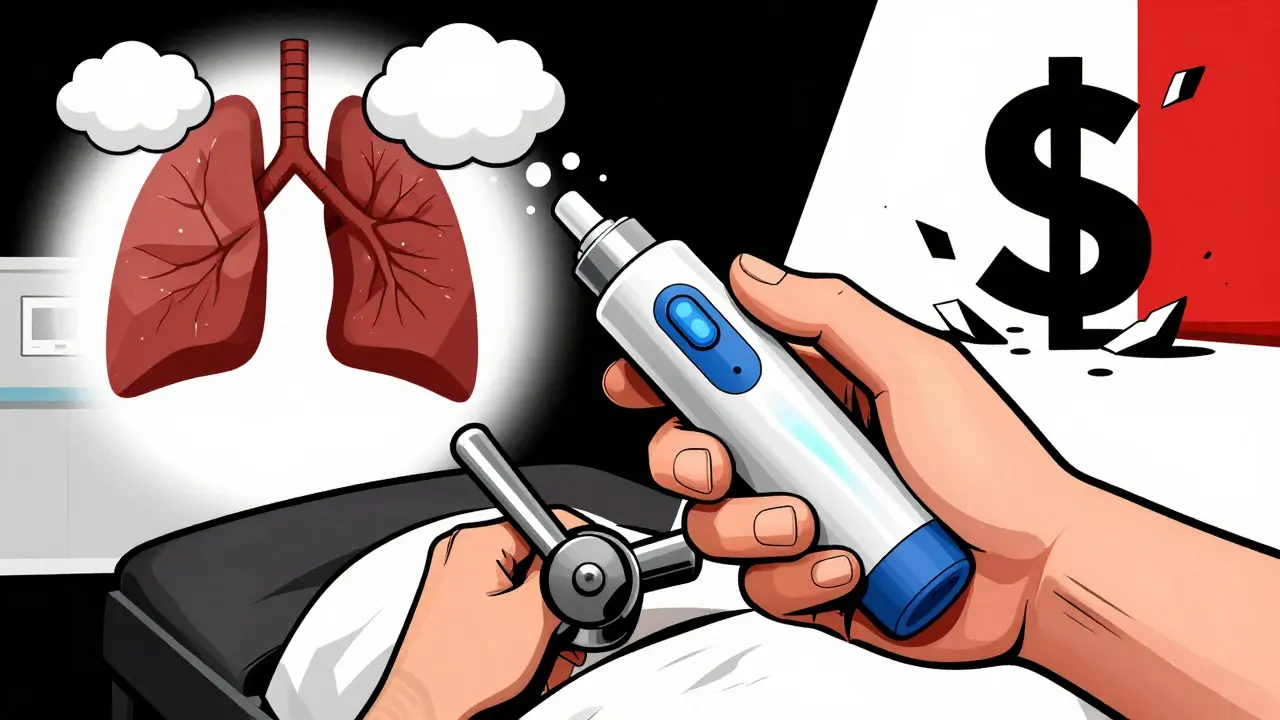 Patient struggling to use a generic auto-injector while brand version works smoothly, with uneven aerosol particles.