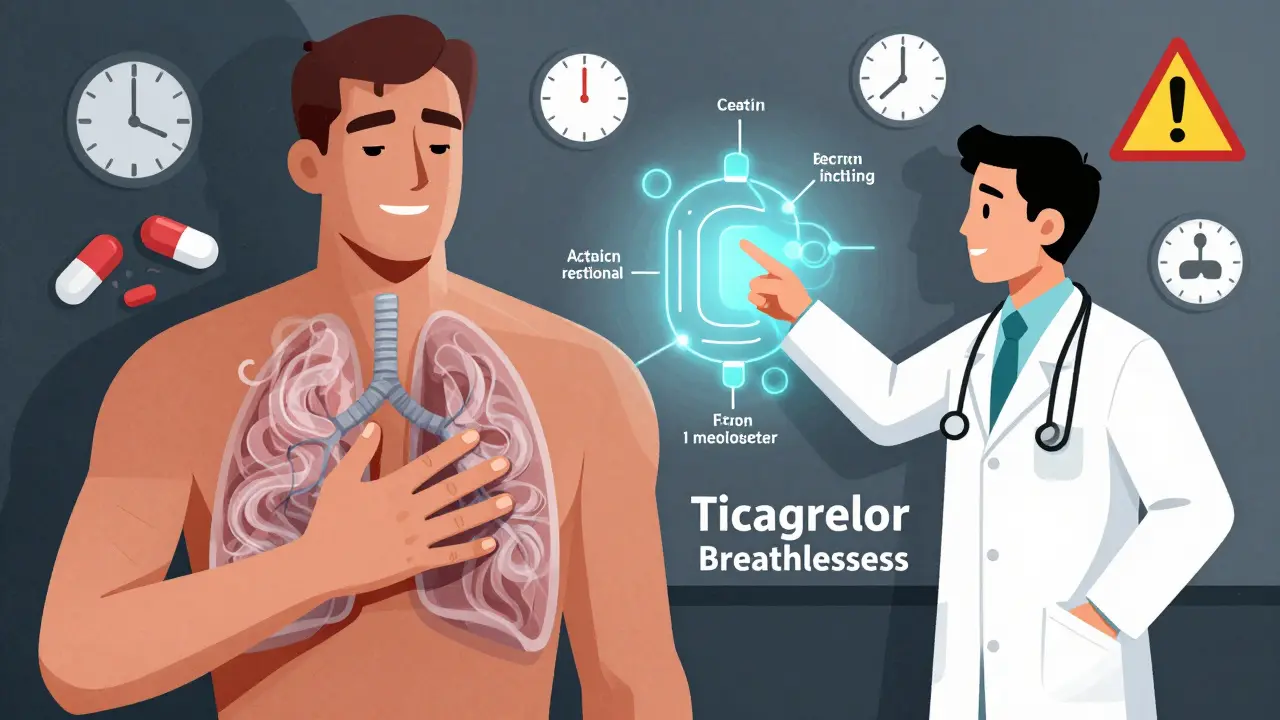 Patient with breathlessness symbol, doctor pointing to receptor diagram, floating medical icons.