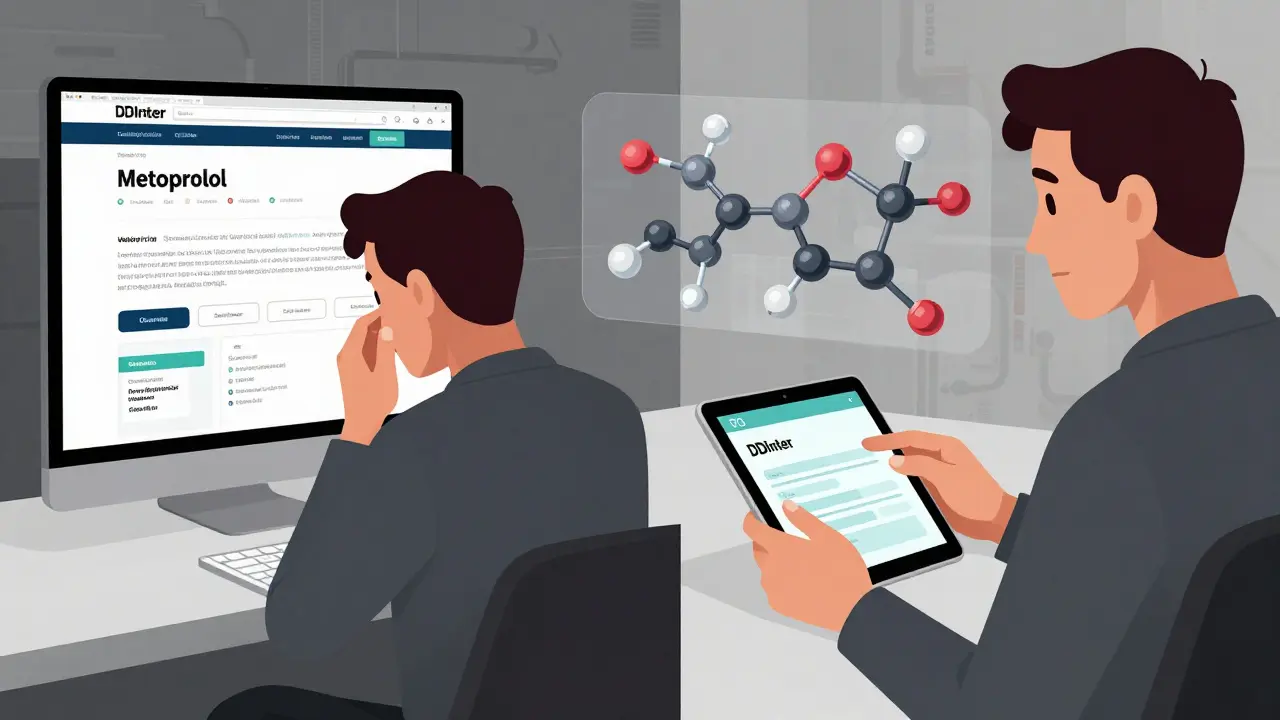 Person using DDInter app with molecular pathways floating beside them, contrasting online pharmacy purchase.