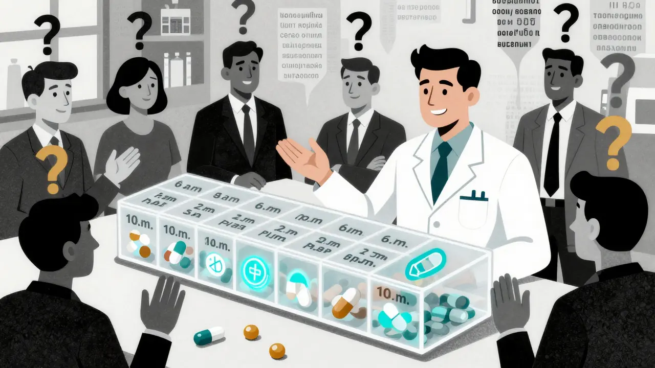 Pharmacist teaching with transparent pill organizer, patients gaining confidence as Latin terms dissolve into English.