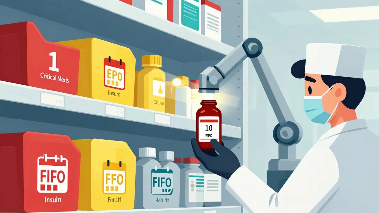 Pharmacy shelf with color-coded bins and technician scanning bottles for expiration dates using FIFO system.