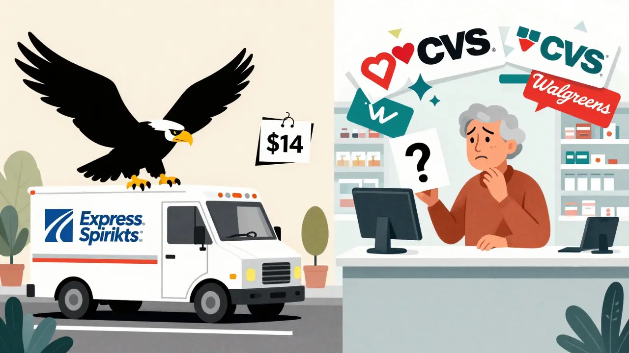 Retiree receiving home delivery of generics beside confused retail pharmacy scene, stylized in Constructivism