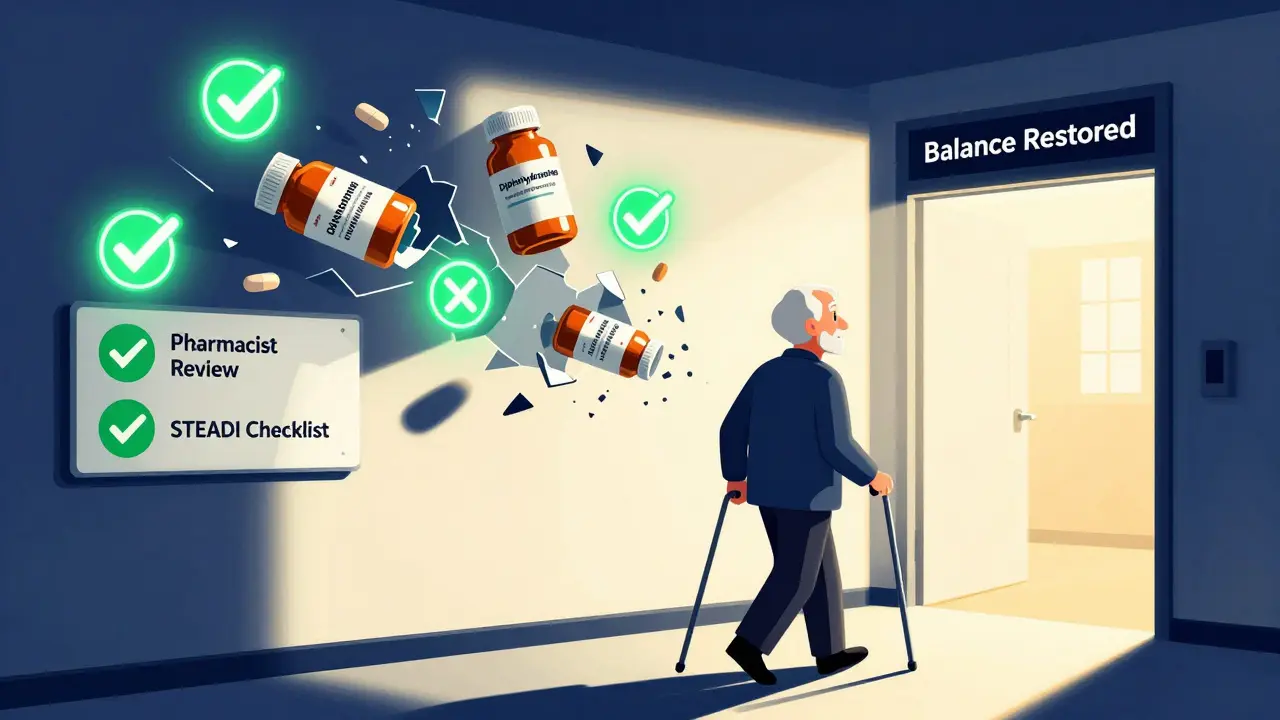 Senior walking confidently as dangerous pills shatter into dust, replaced by wellness icons and warm light.