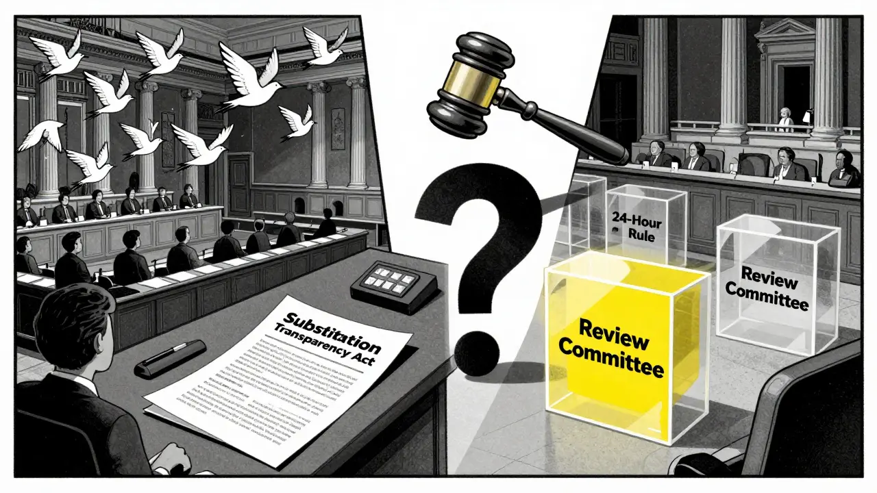 Split chamber: Senate amendments fly freely, House amendments trapped in boxes, shadow of a question mark looms over a gavel.