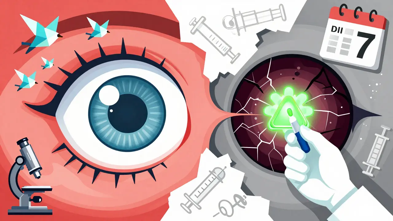 Split image: healthy eye with oxygen birds vs. scarred eye crushed by a lens, a doctor's droplet glowing green against medical icons.