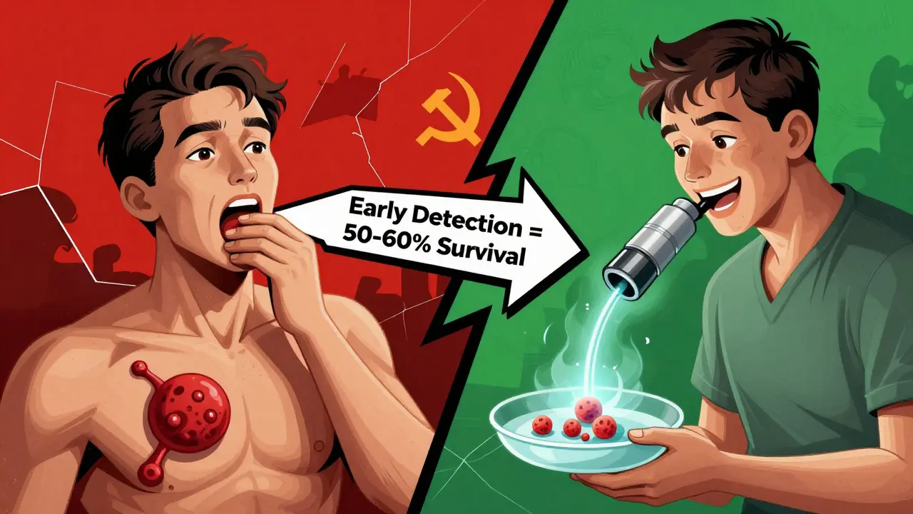 Split scene: choking patient vs. screened patient with survival arrow in bold colors