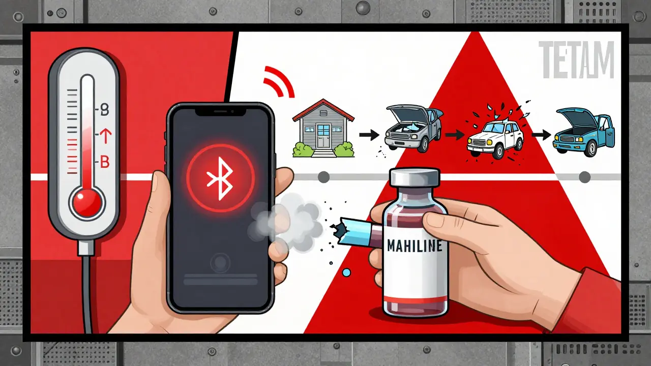 Temperature monitor alerts user to medication exposure, with pharmacist evaluating damaged vial.
