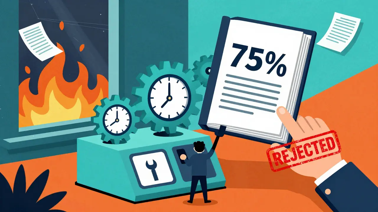 Three-tiered voting machine with Level 1, 2, and 3 symbols, majority delegate flipping a 75% lever as emergency papers flutter.