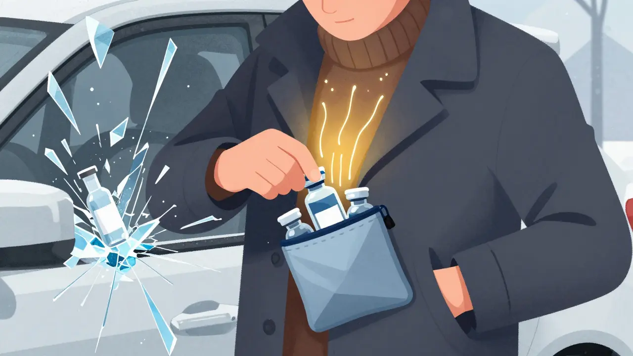Traveler keeps insulin warm in coat pocket during winter, avoiding frozen vials on car window.