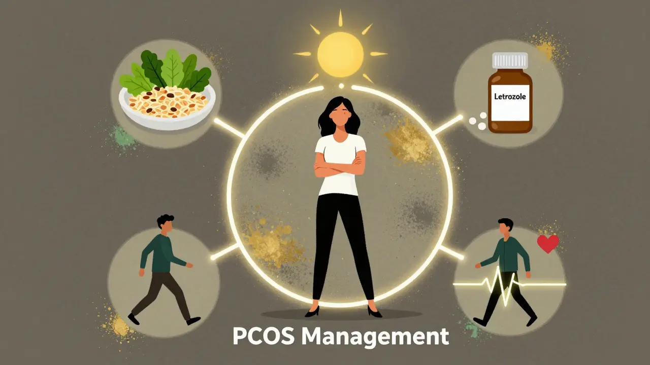 Woman at center of management diagram with food, medication, exercise, and heart icons radiating outward.
