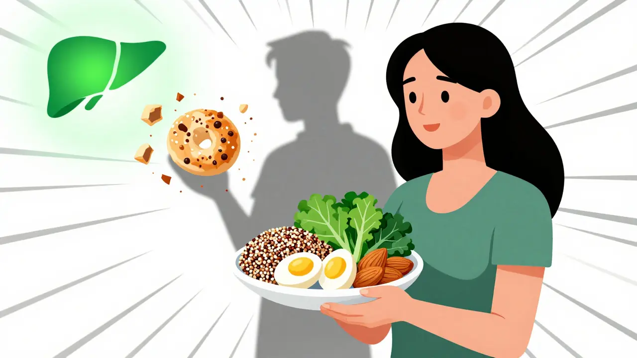 Woman eating whole foods while processed gluten-free pastry disintegrates, with a healthy glowing liver in the background.