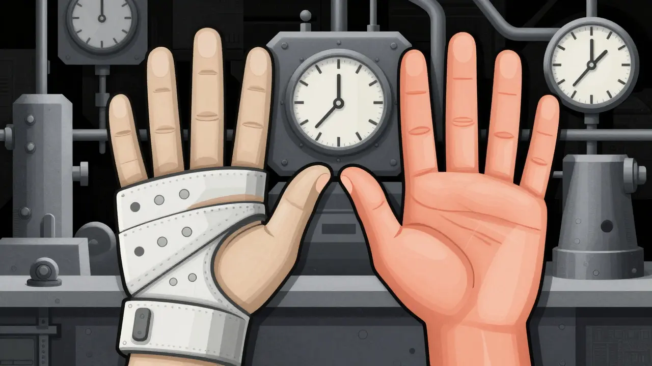Worker with one hand in a brace, split image showing numb fingers fading versus healthy fingers glowing.